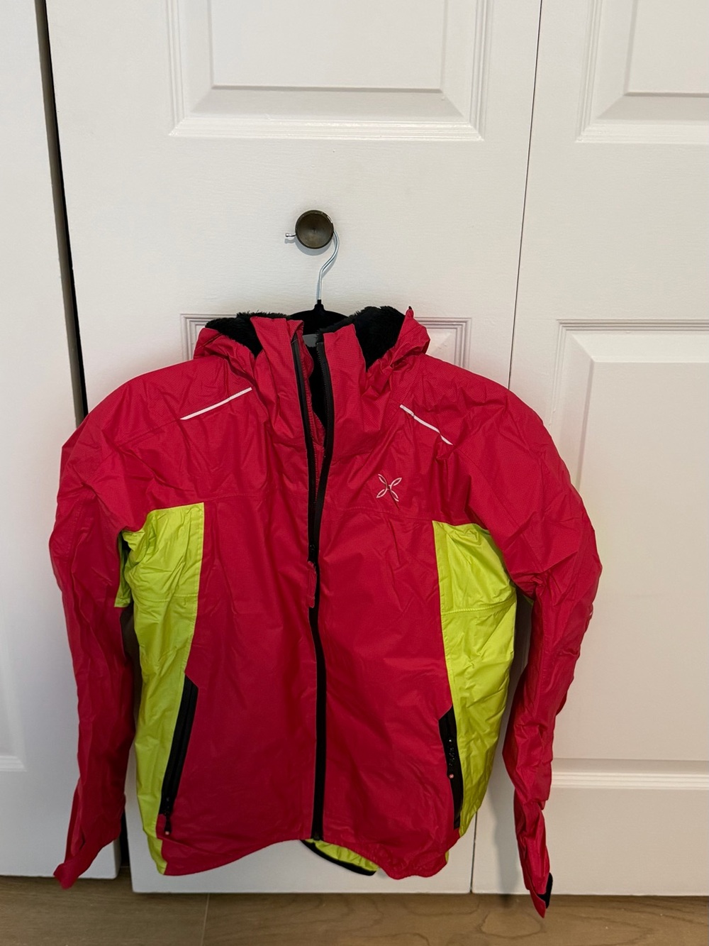 Kids Red and Neon Yellow Hooded Winter Jacket-size 10